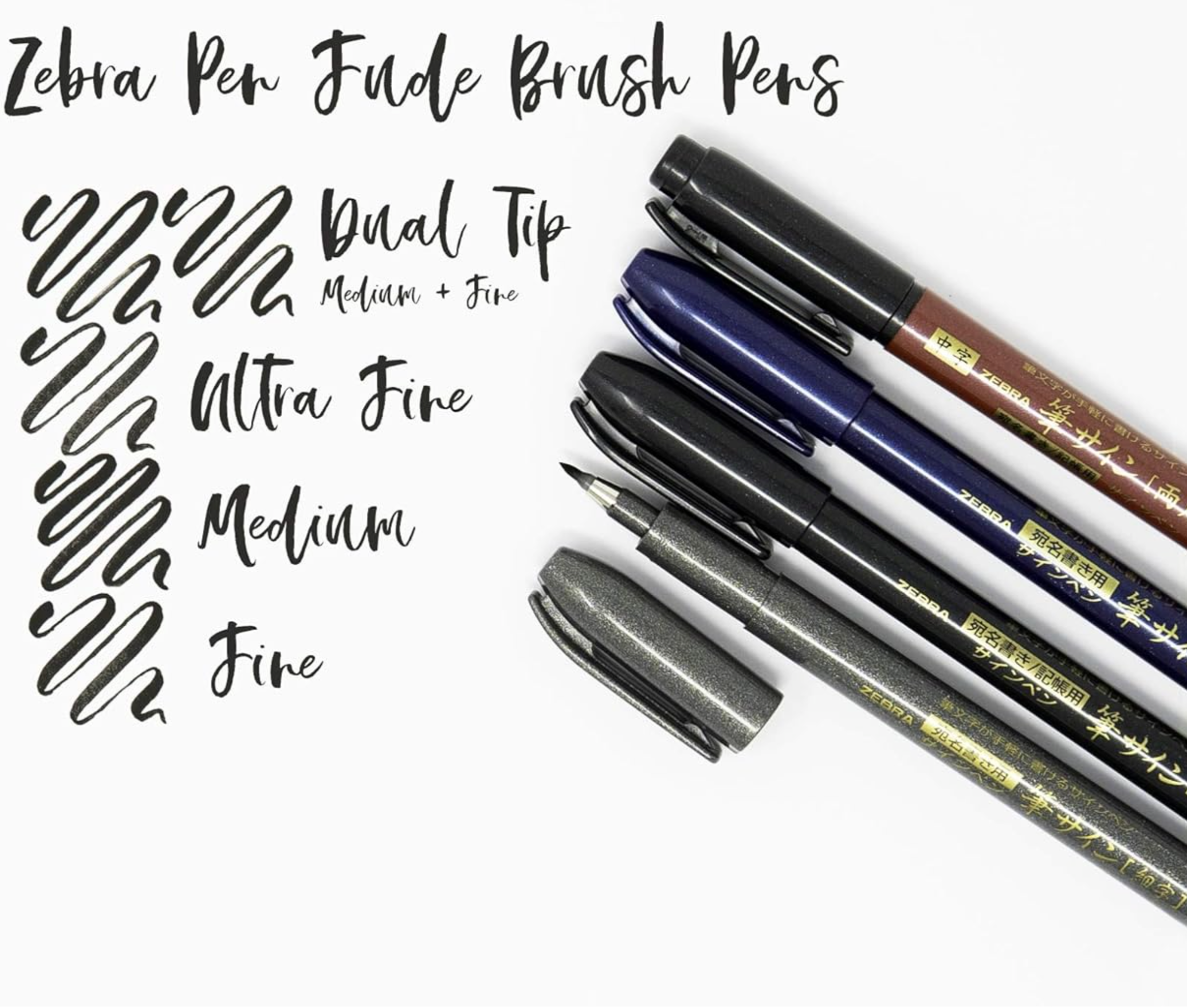 Comparable brush strokes of Smudge-proof and water-resistant black ink of Zebra Fude brush pen, compatible with alcohol markers and watercolour