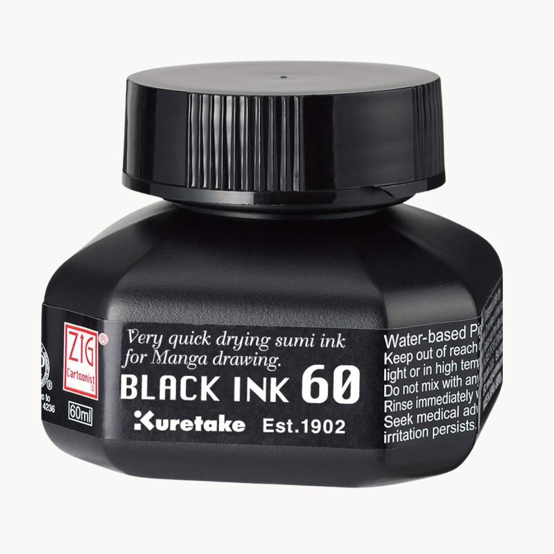 Kuretake Zig Cartoonist Black Ink 60 - Smudge-Proof Manga Ink
