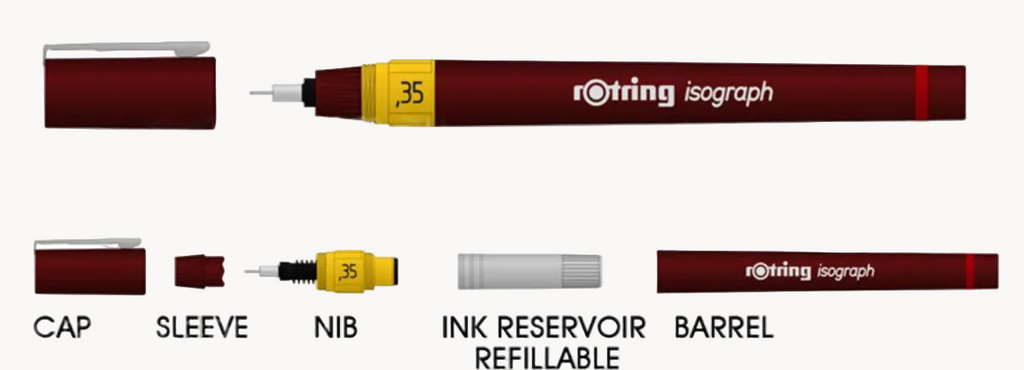 Disassembled rOtring Isograph showing refillable ink reservoir, helix, and push-on sleeve